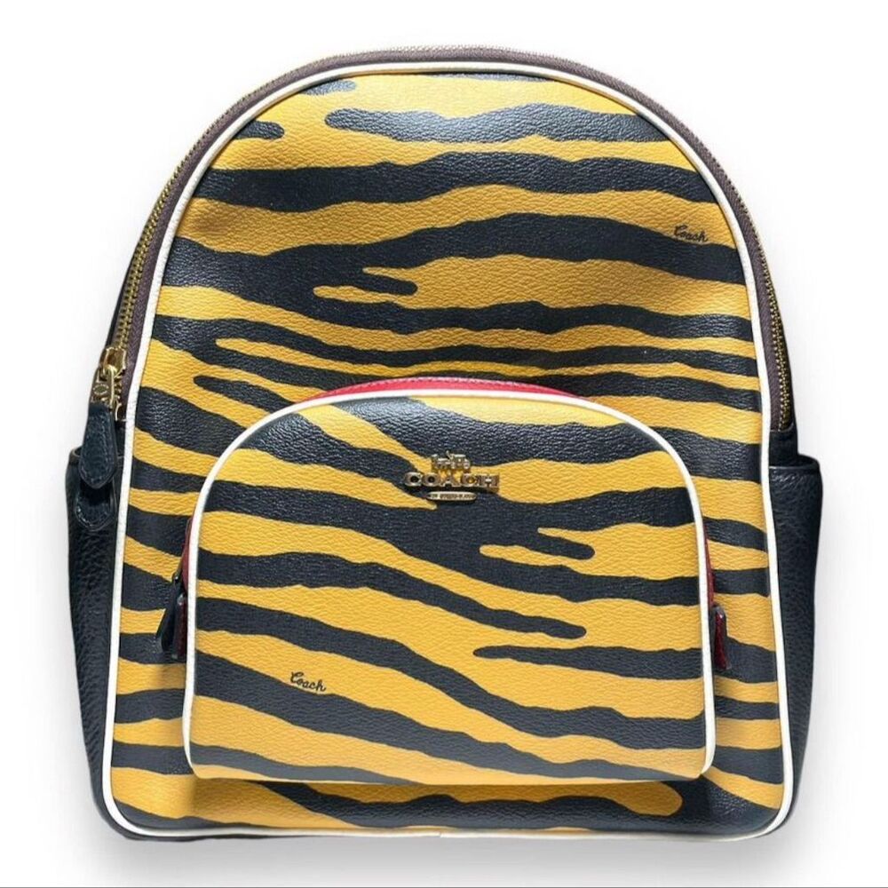 Coach Tiger Print Court Backpack Honey/Black Canvas Leather Unisex Zip Pocket